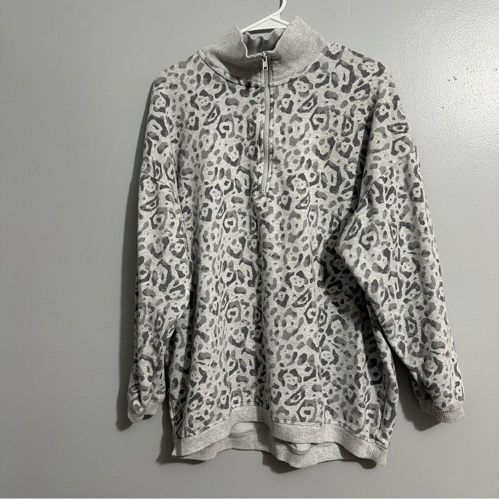 Aerie Leopard Print Cozy Quarter Zip Oversized Sweatshirt Pullover Size M